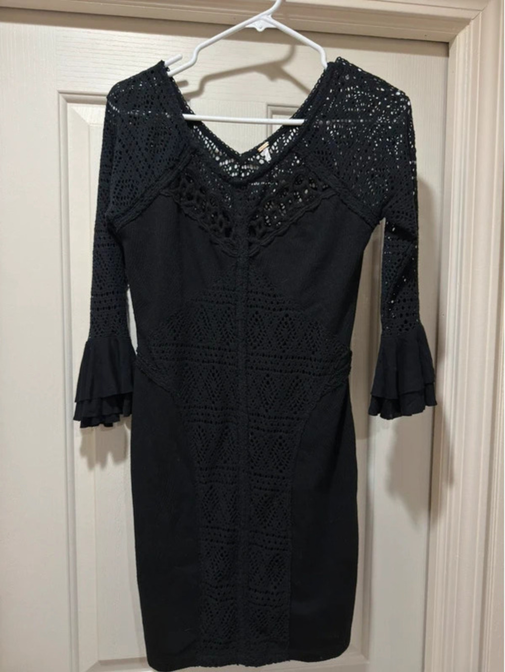 Free People Black Crochet Lace Bell Sleeve Bodycon Dress